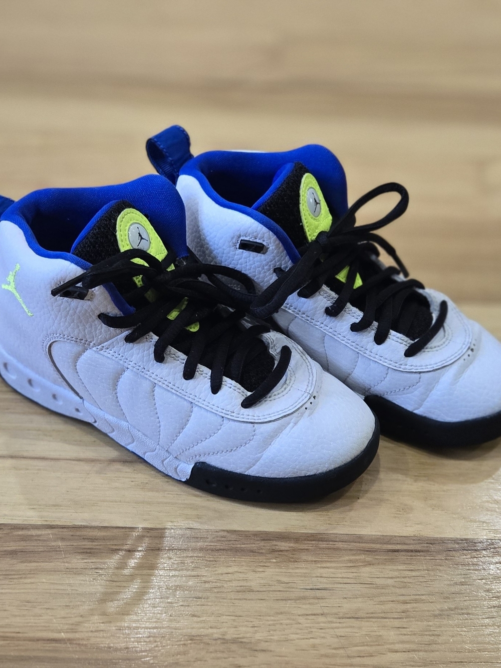 Jordan Jumpman Pro Kids White Sneakers with Blue and Neon Green Accents